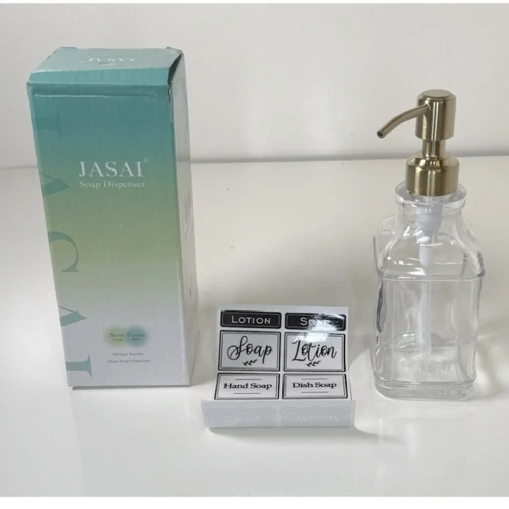JASAI Antique Square Glass Soap‎ Dispenser 12oz Clear Gold Pump Labels NEW 81-09